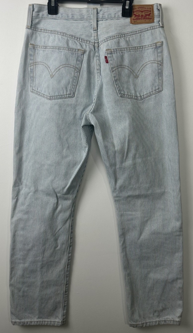Levi's 501 Jeans Womens 30 Blue White Hickory Stripe High Rise Straight Leg A37